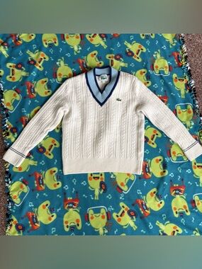 Vintage Lacoste Cable Knit Sweater Unisex Wool V-Neck Cream Blue Preppy Tennis